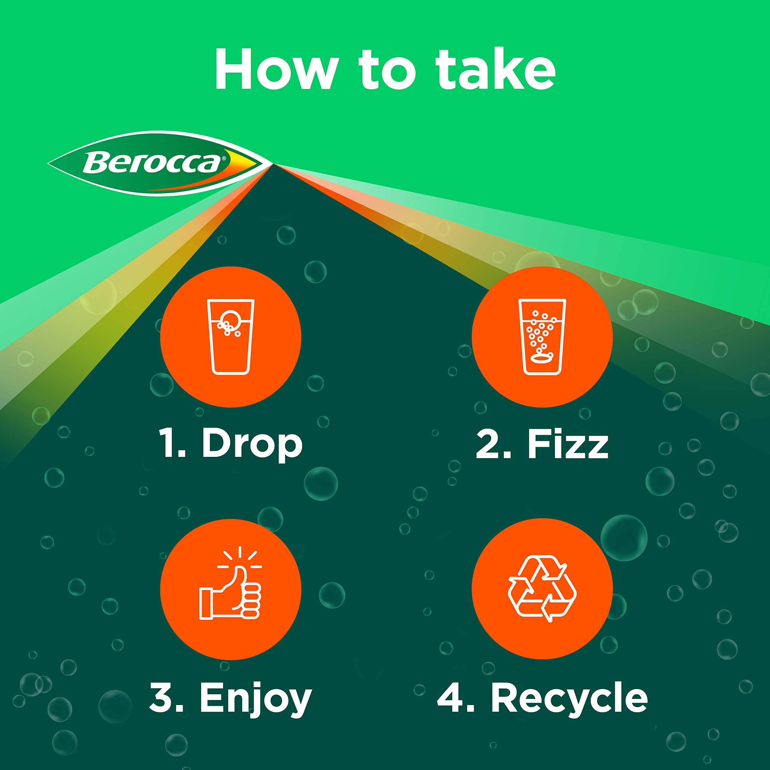 Berocca Boost disolviéndose en agua para energía sostenida.