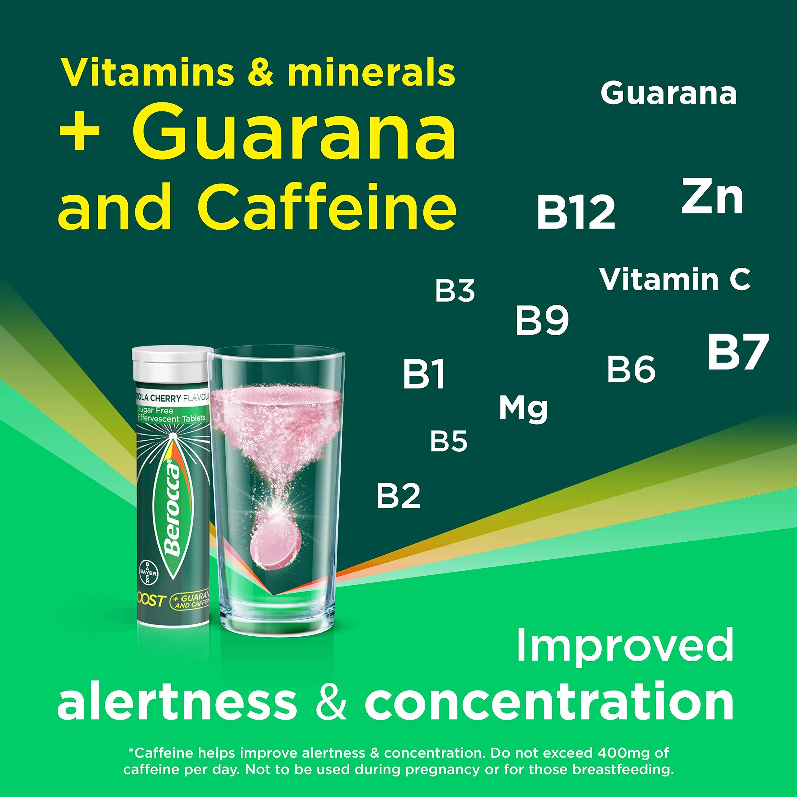 Berocca Boost primer plano de tabletas brillantes.