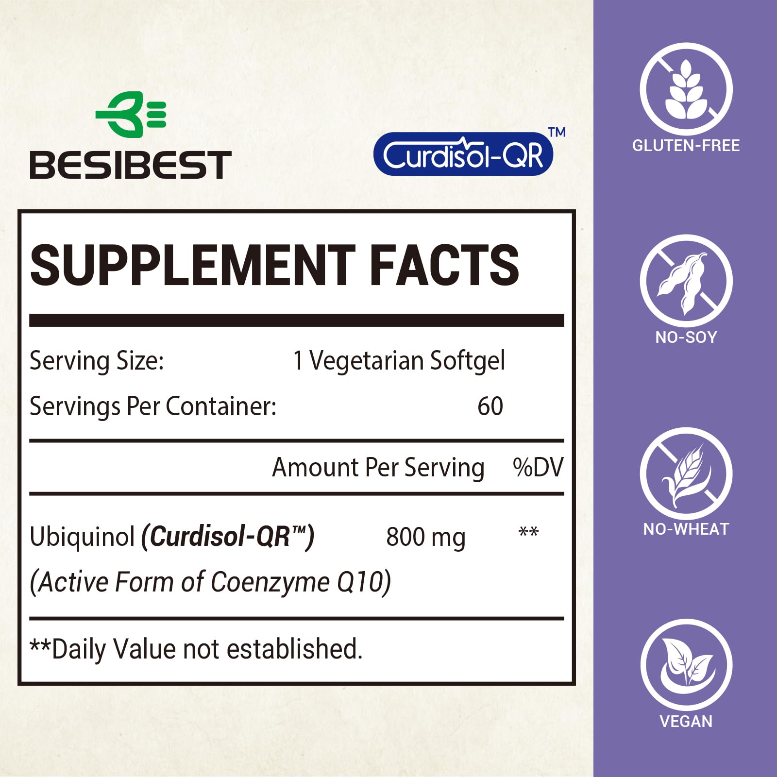 Besibest CoQ10 800 mg gel suave trasera, etiqueta clara para uso diario.