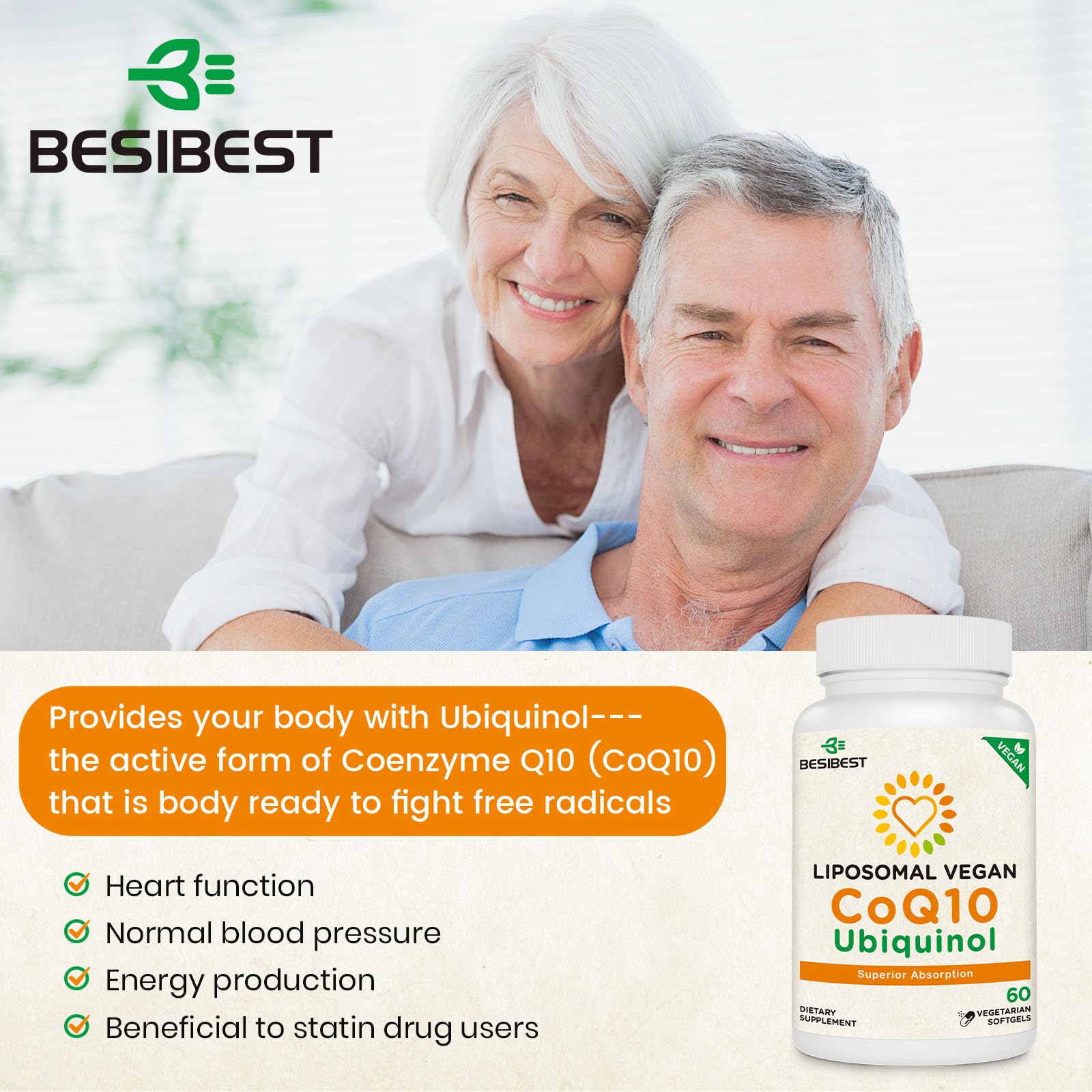 Besibest CoQ10 liposomal 1000mg, cápsulas suaves veganas para uso diario.