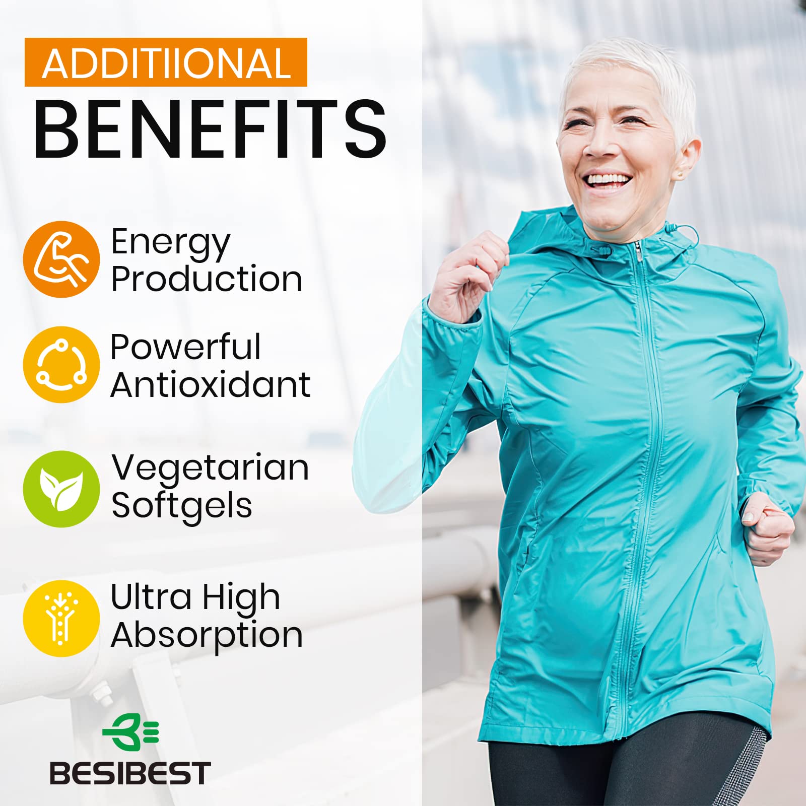 Besibest CoQ10 liposomal 1000mg, uso diario para apoyo de energía.