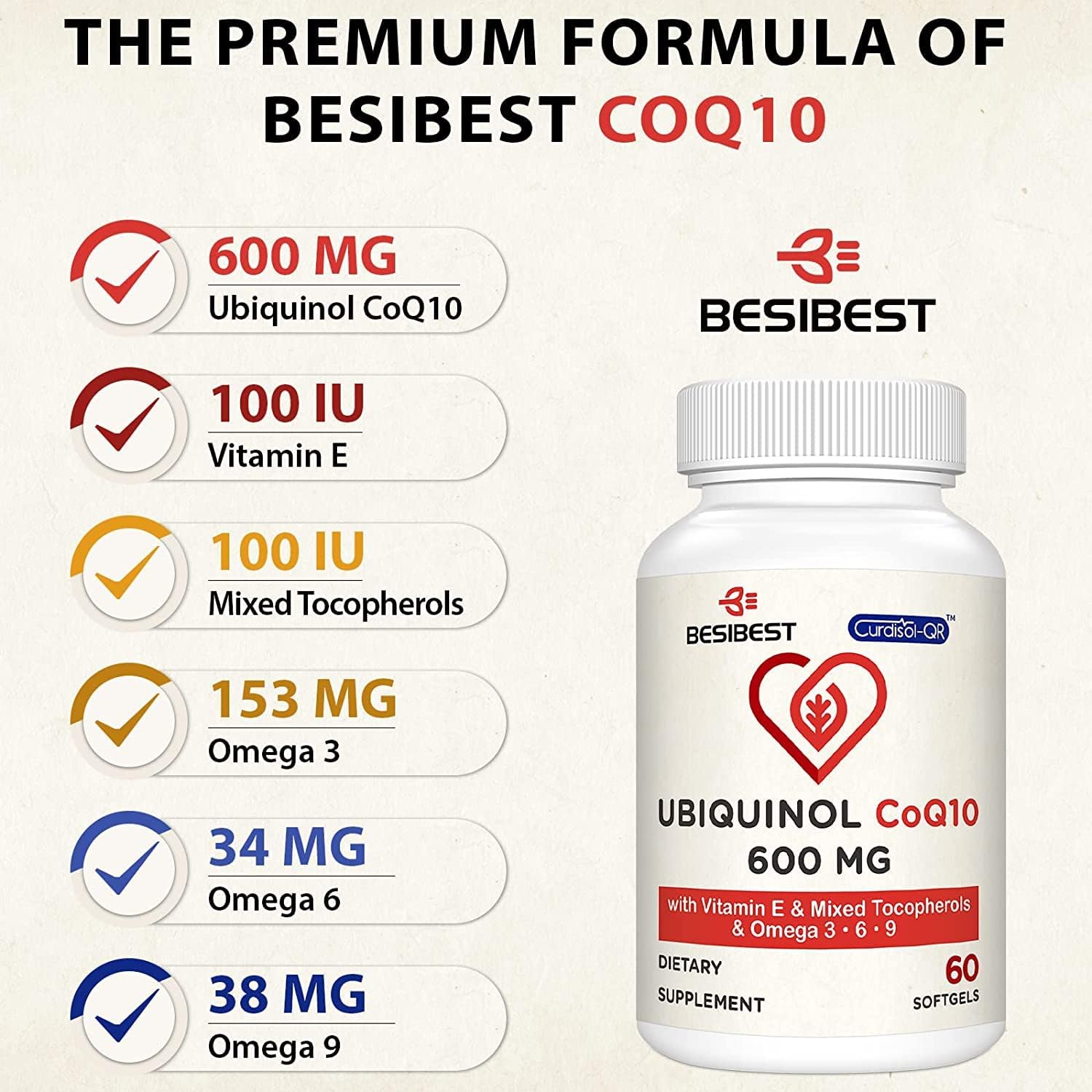 Frasco Besibest Ubiquinol 600mg, fórmula libre de gluten.