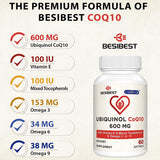 Frasco Besibest Ubiquinol 600mg, fórmula libre de gluten.