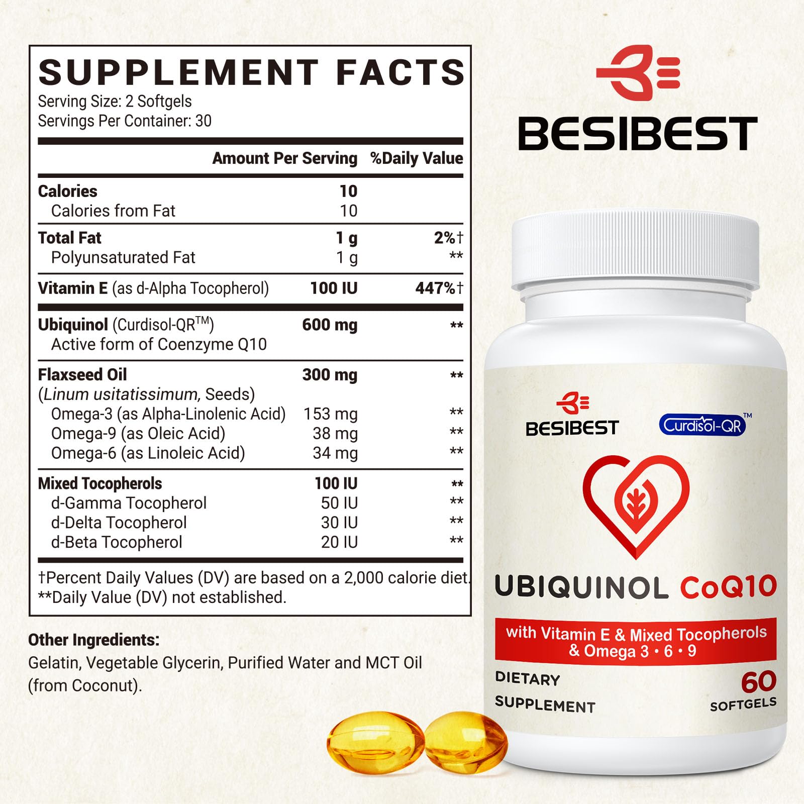 Etiqueta clara en la botella Besibest CoQ10 600 mg para fácil identificación.