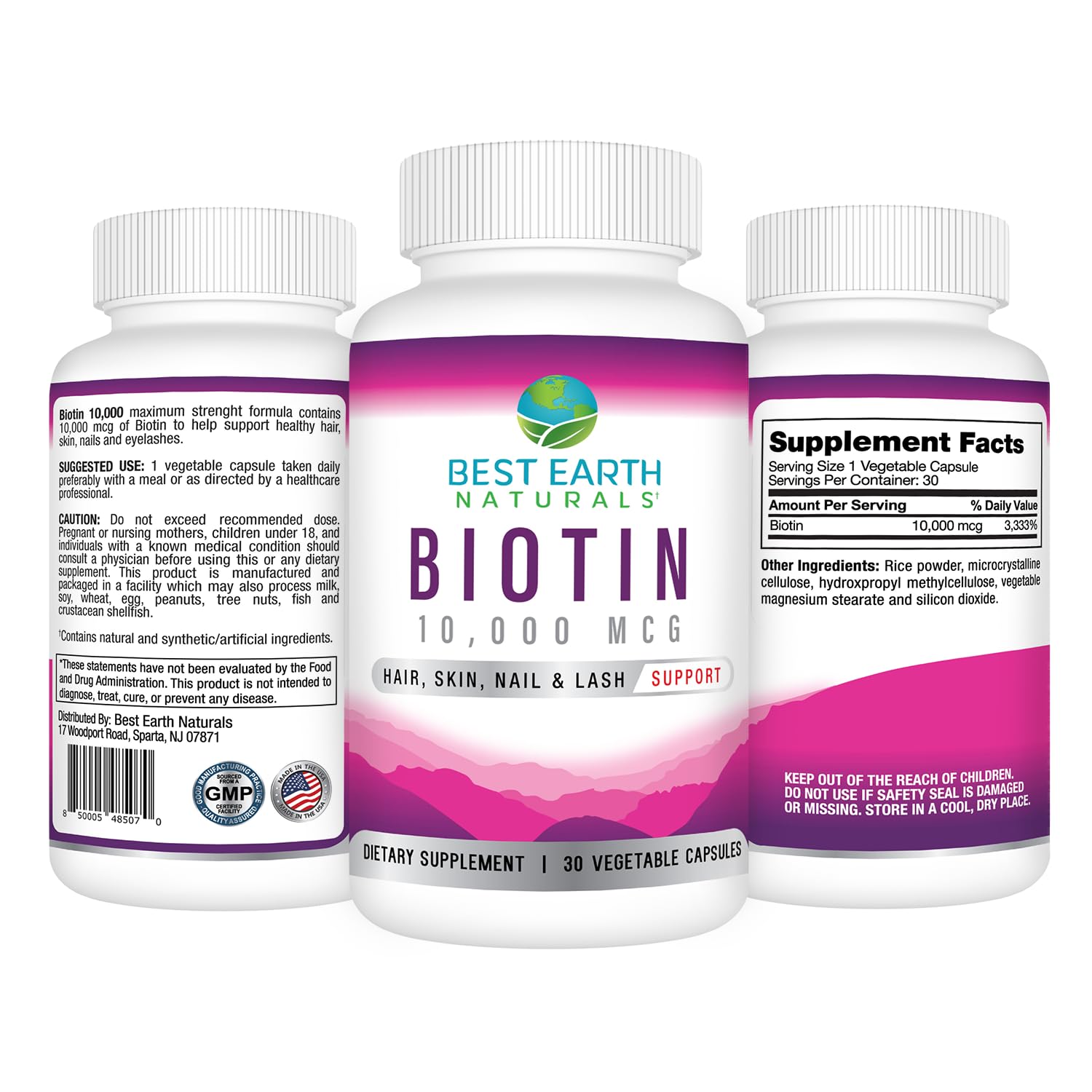 Capsulas de Best Earth Naturals Biotina 10000mcg para uñas fuertes.