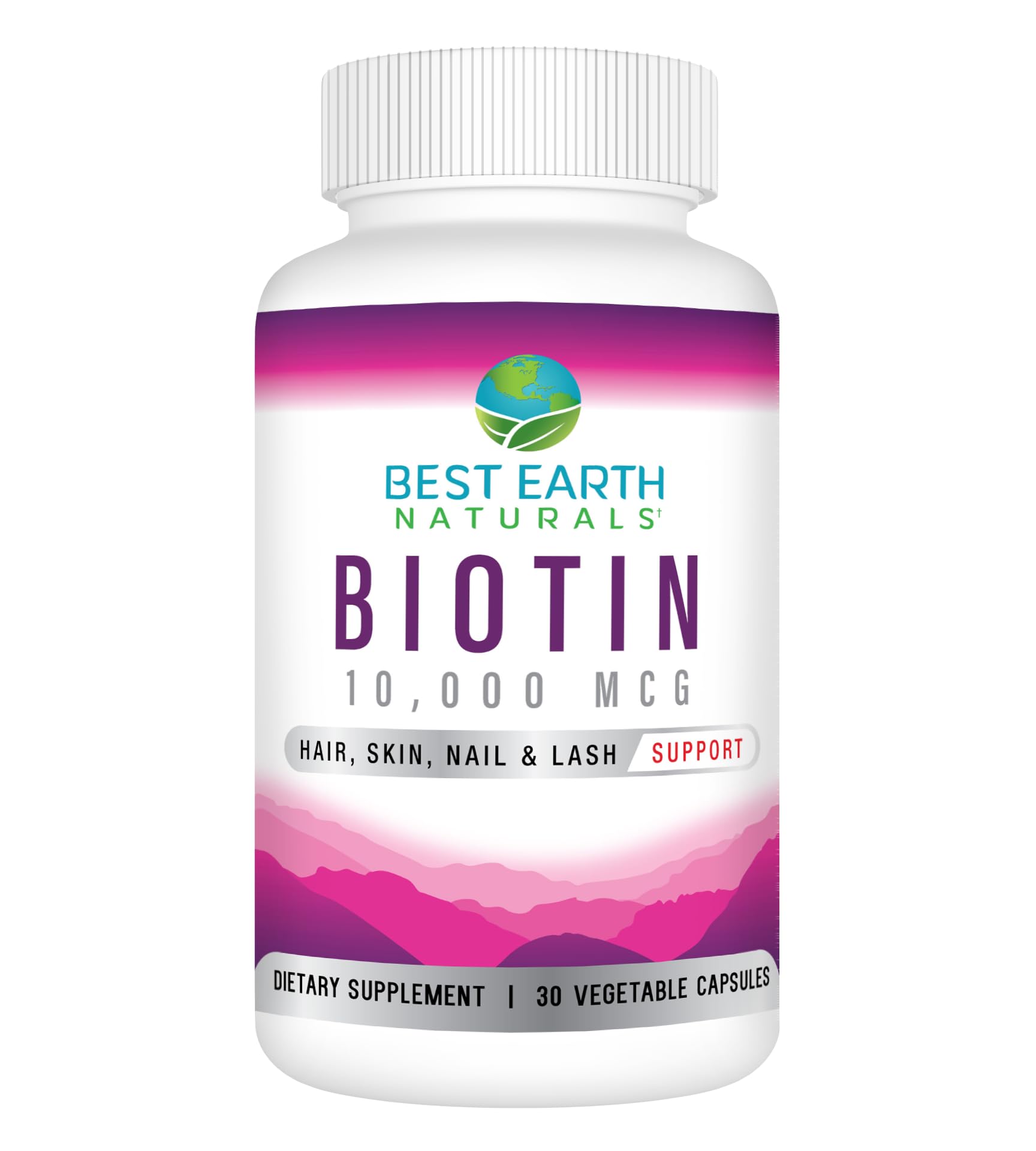 Envase de Best Earth Naturals Biotina 10000mcg para apoyar la salud capilar.