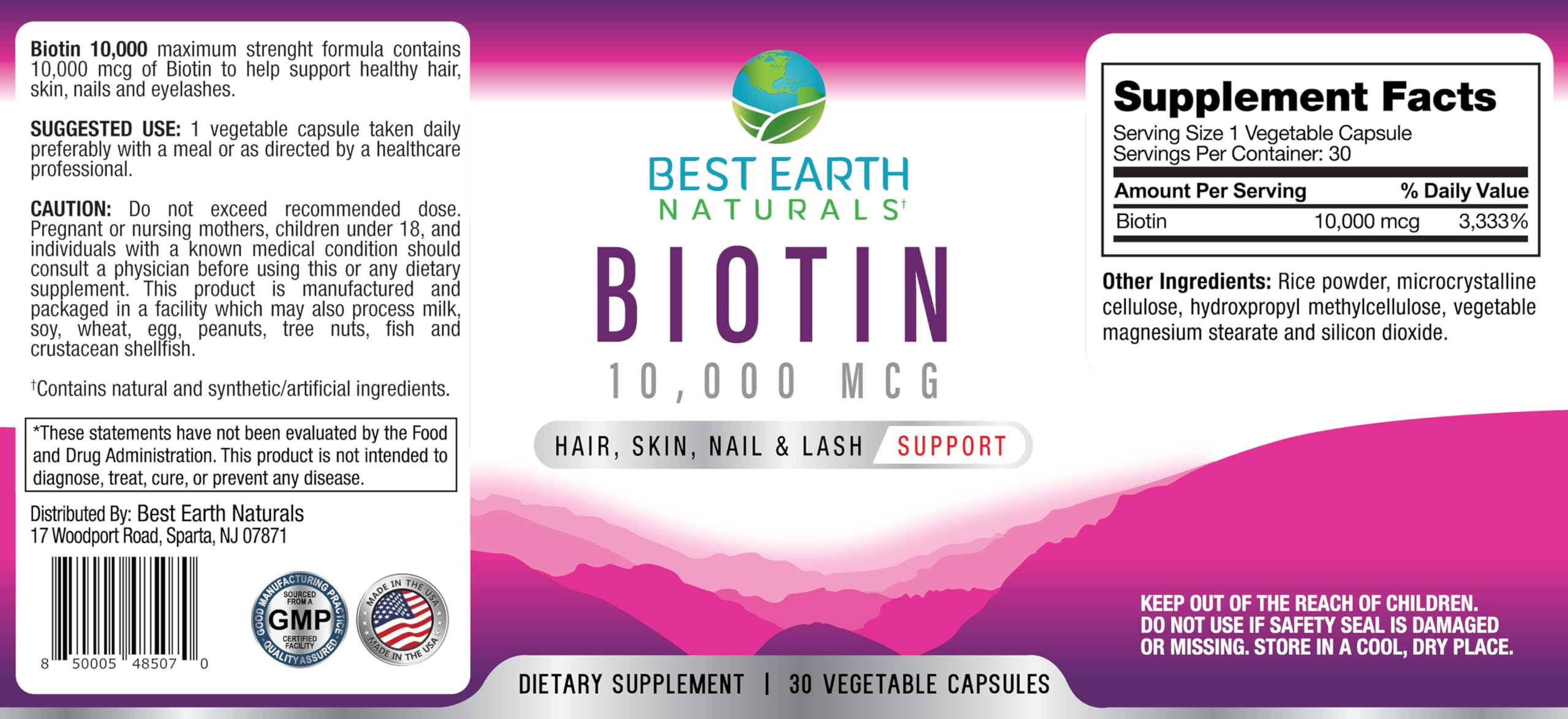 Etiqueta de Best Earth Naturals Biotina 10000mcg con información clara.