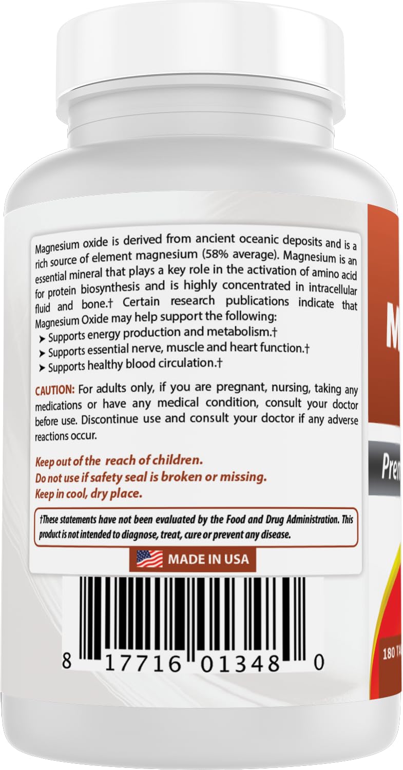 Best Naturals Magnesio Oxido 500 mg – frasco con 180 tabletas para uso diario.