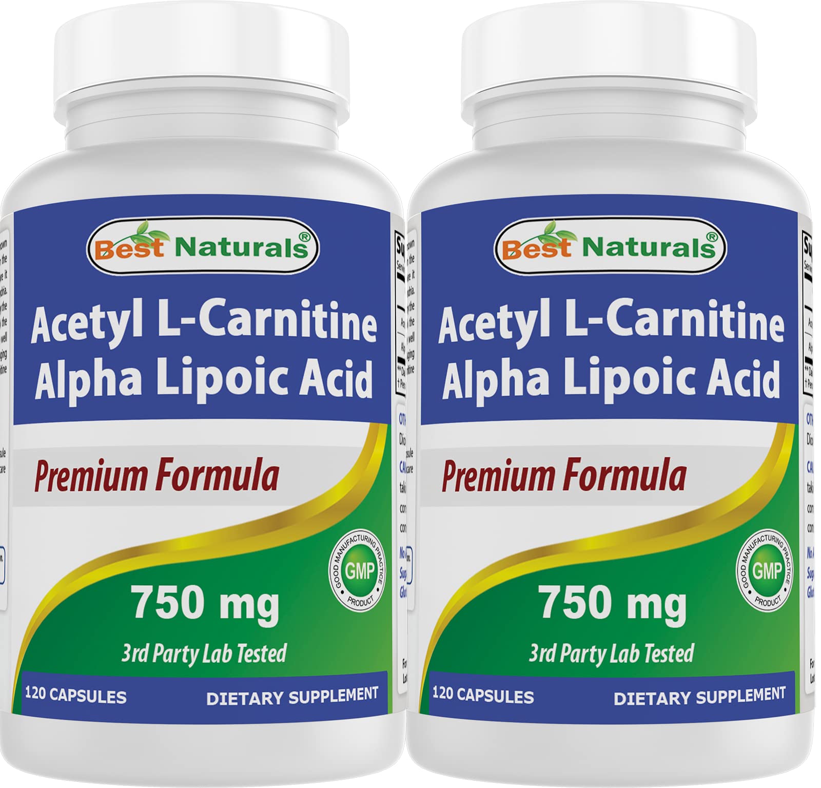 Best Naturals acetil L-carnitina alfa-lipoico 750 mg, botella frontal, podría apoyar energía diaria.