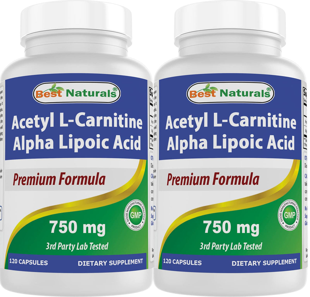 Best Naturals acetil L-carnitina alfa-lipoico 750 mg, botella frontal, podría apoyar energía diaria.