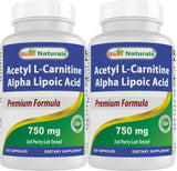 Best Naturals acetil L-carnitina alfa-lipoico 750 mg, botella frontal, podría apoyar energía diaria.