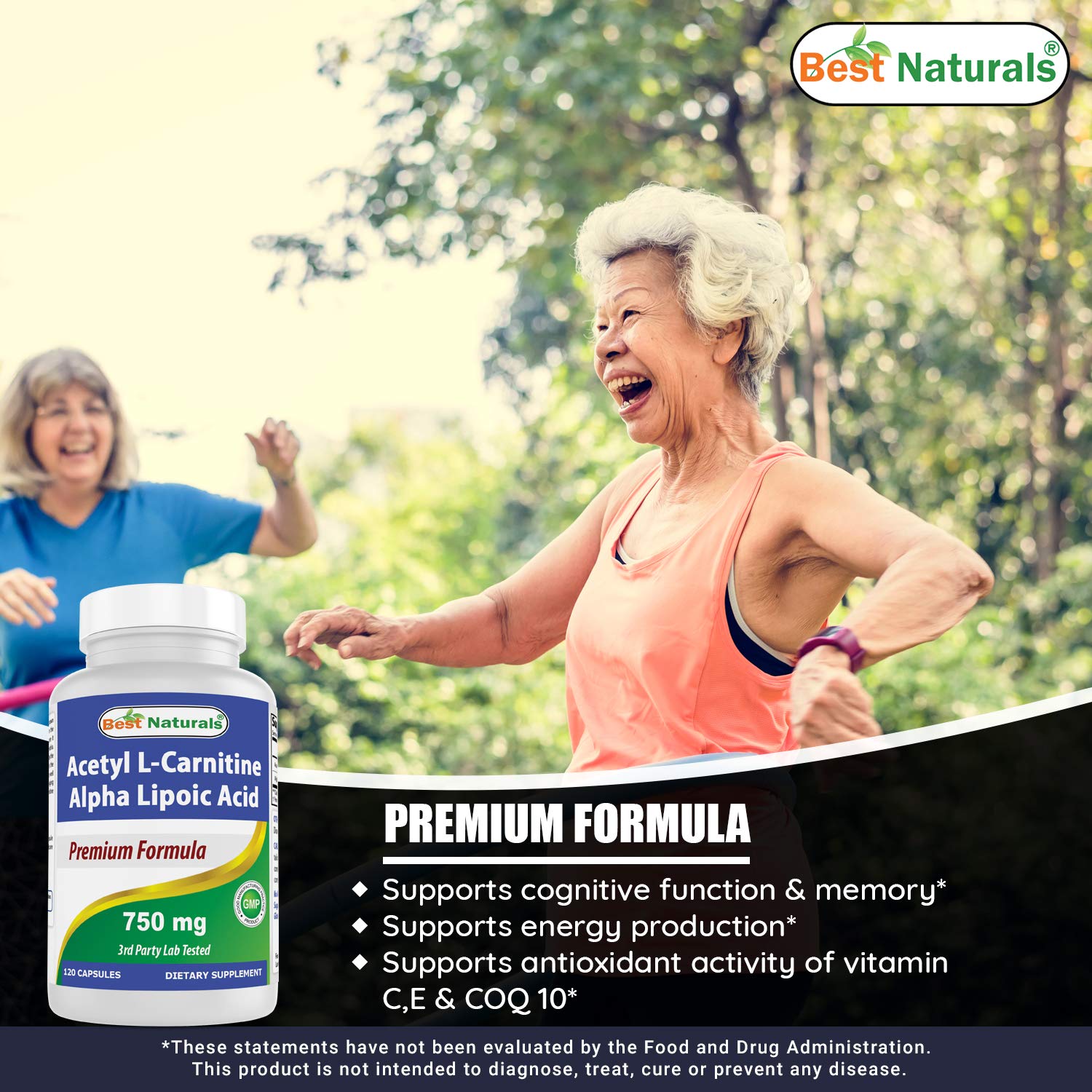 Best Naturals acetil L-carnitina alfa-lipoico 750 mg, cápsulas en caja, opción conveniente para rutinas diarias.