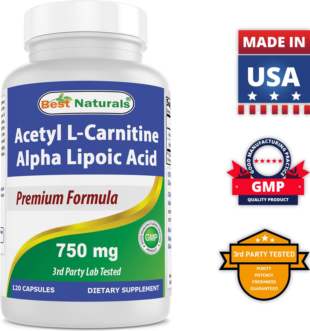 Best Naturals acetil L-carnitina alfa-lipoico 750 mg, empaque completo, enfoque en calidad y pureza.