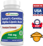 Best Naturals acetil L-carnitina alfa-lipoico 750 mg, empaque completo, enfoque en calidad y pureza.