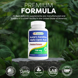 Best Naturals acetil L-carnitina alfa-lipoico 750 mg, detalle de etiqueta, ideal para verificar datos del producto.