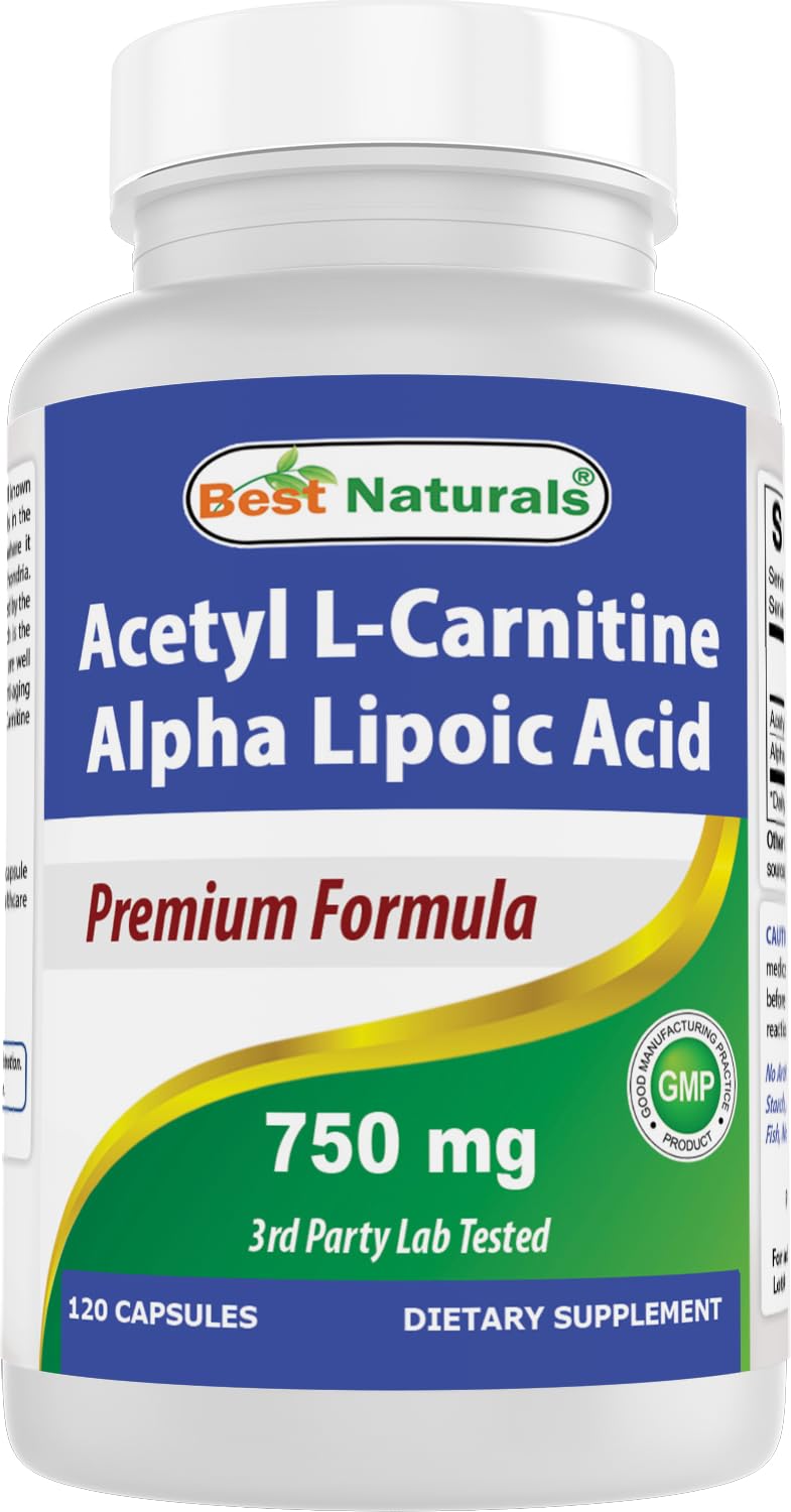 Best Naturals Acetil L-Carnitina y Alfa Lipoico, botella de cápsulas para energía diaria.