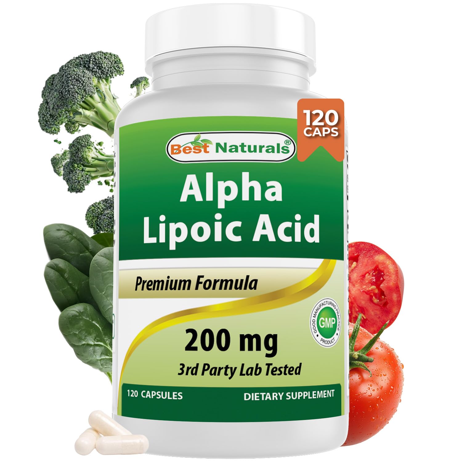 Best Naturals ácido alfa-lipoico 200 mg, botella, apoyo para metabolismo saludable.