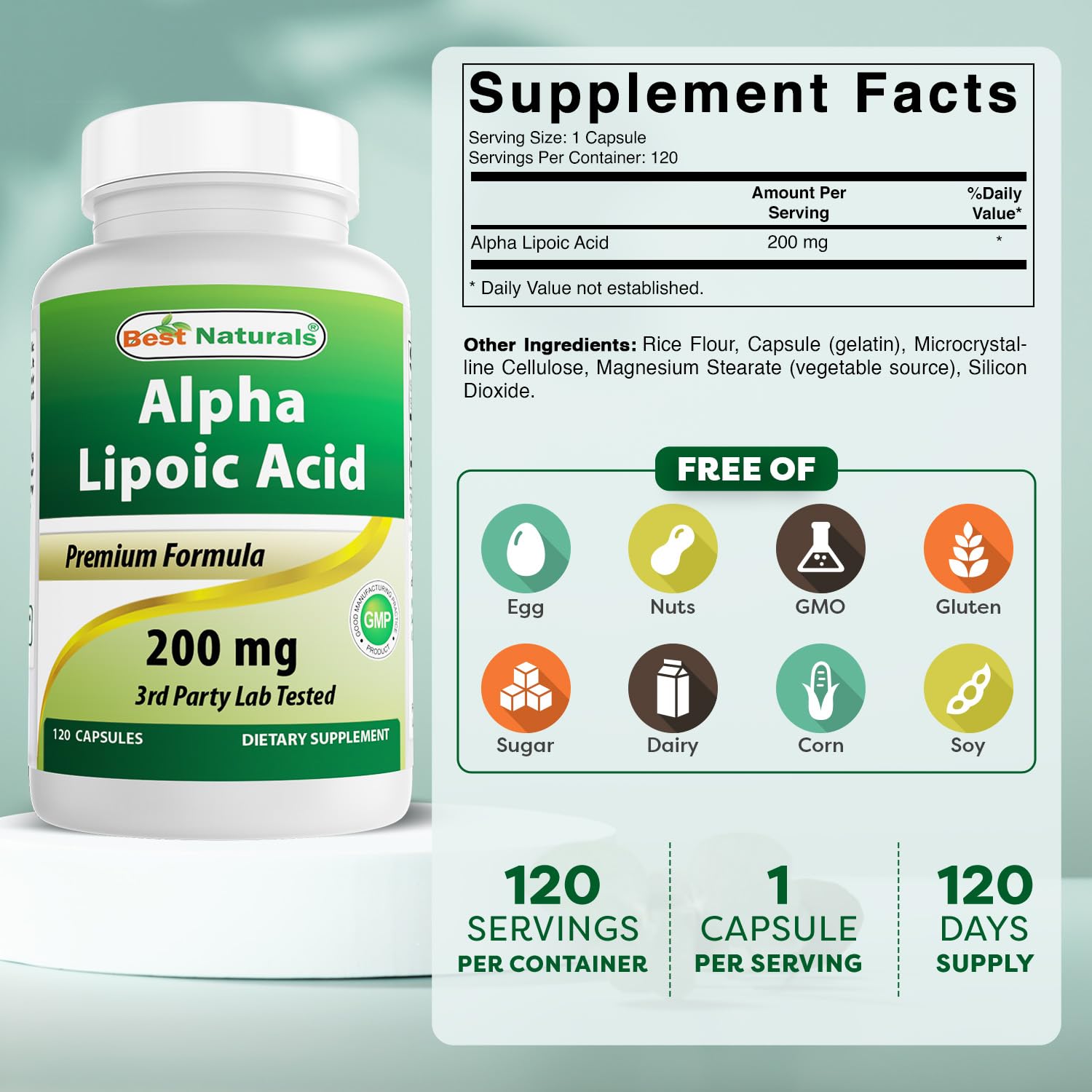 Cierre y etiqueta de Best Naturals ácido alfa lipoico 200 mg, 120 cápsulas.