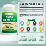 Cierre y etiqueta de Best Naturals ácido alfa lipoico 200 mg, 120 cápsulas.