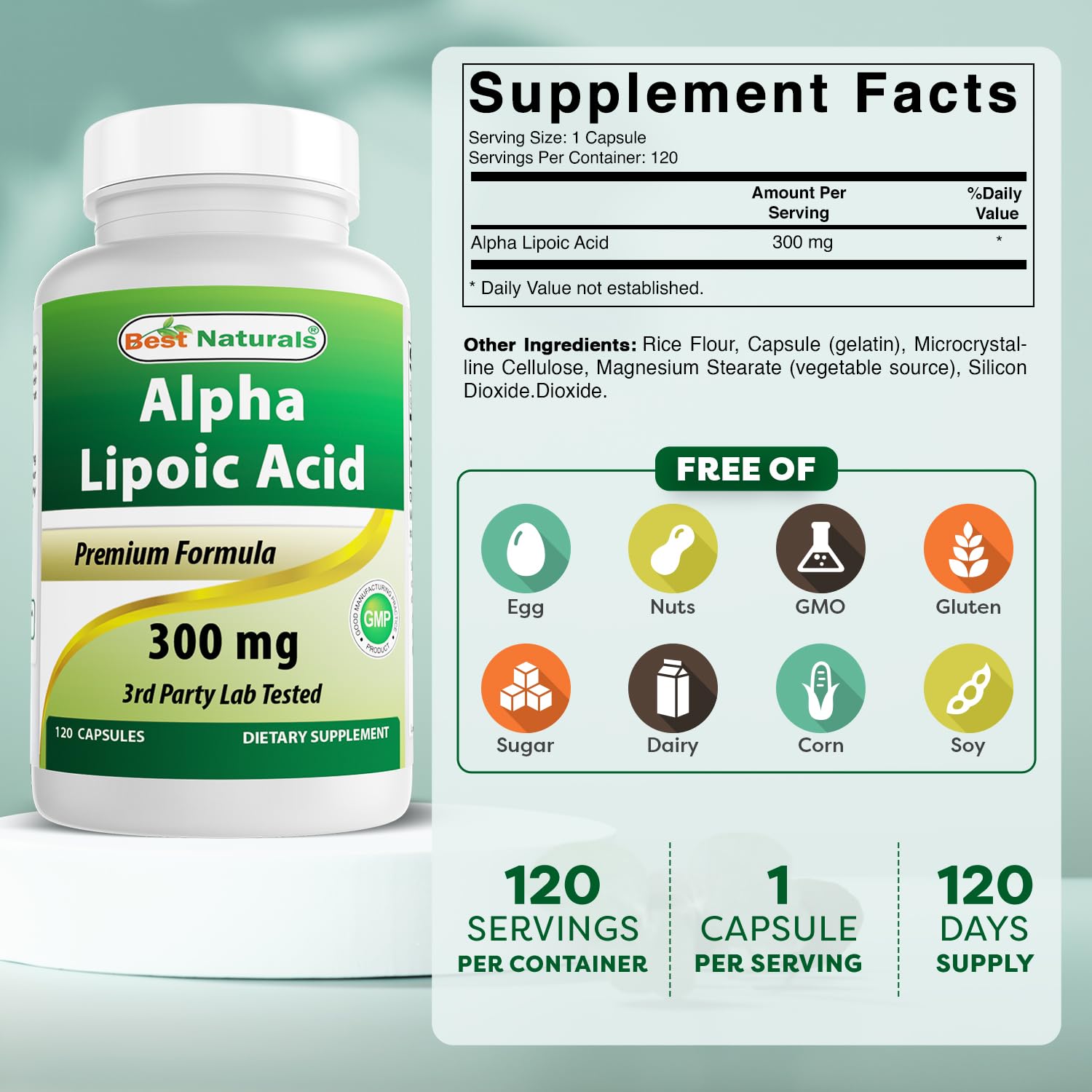 Best Naturals ácido alfa-lipoico cápsulas etiqueta clara para dosificación diaria
