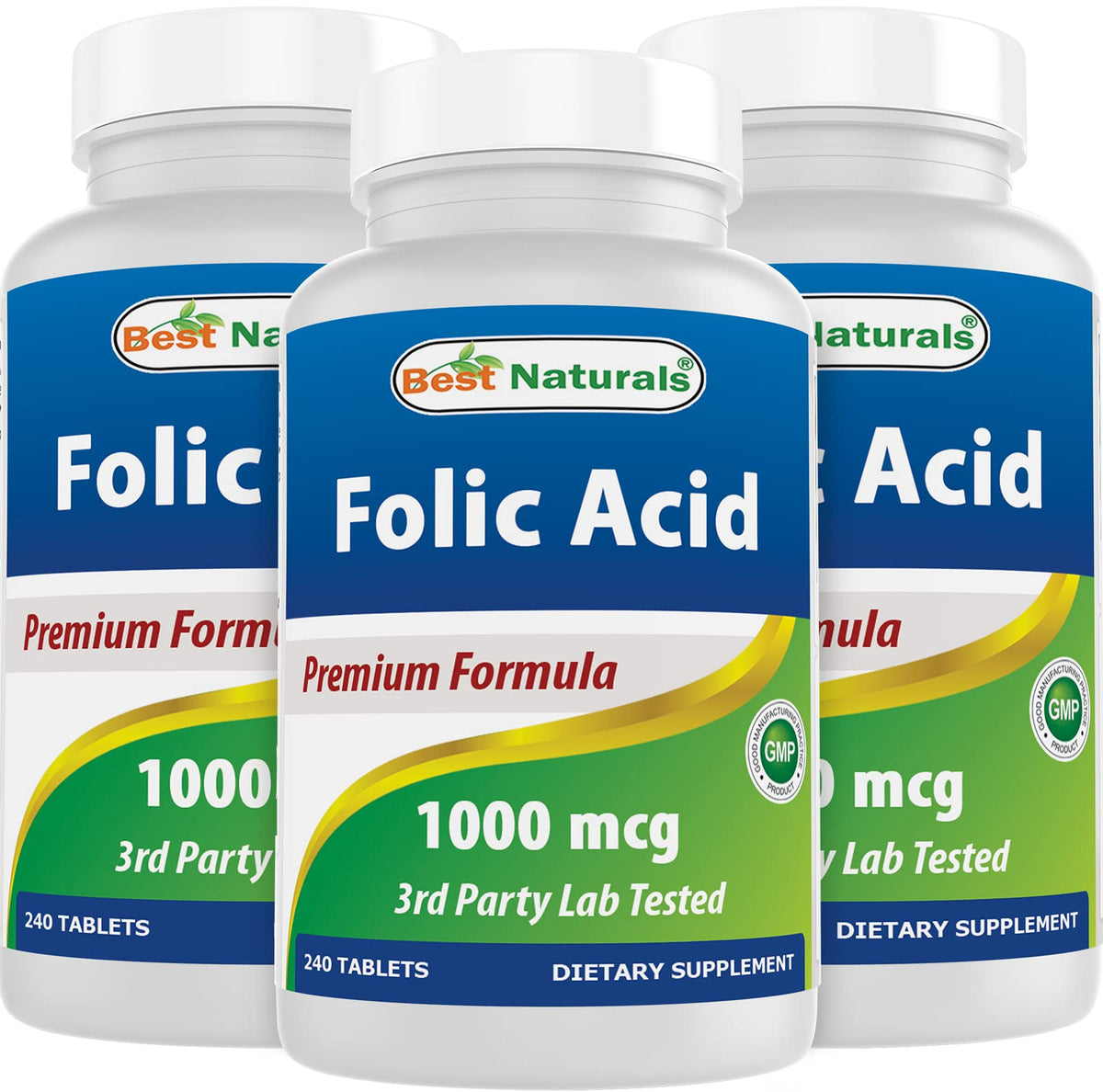 Best Naturals ácido fólico 1000 mcg, tableta en botella para uso diario.