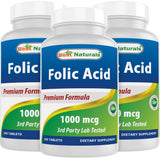 Best Naturals ácido fólico 1000 mcg, tableta en botella para uso diario.