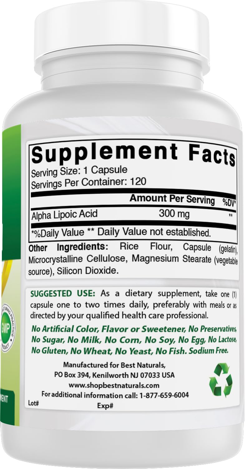 Best Naturals Alpha Lipoico 300 mg cápsulas, cápsulas en vaso, consumo sencillo diario.
