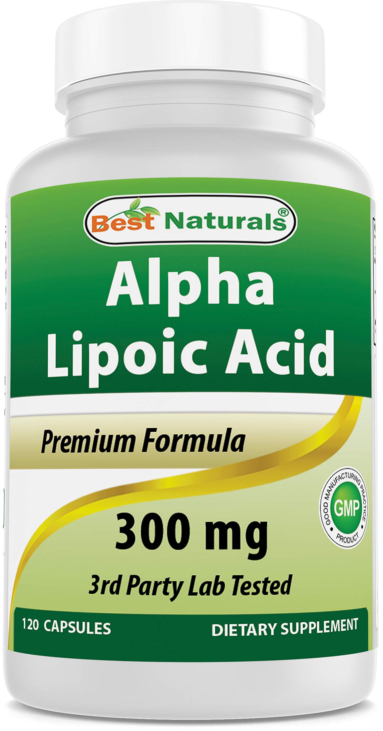 Best Naturals Alpha Lipoico 300 mg cápsulas, frente de la botella, uso diario práctico.