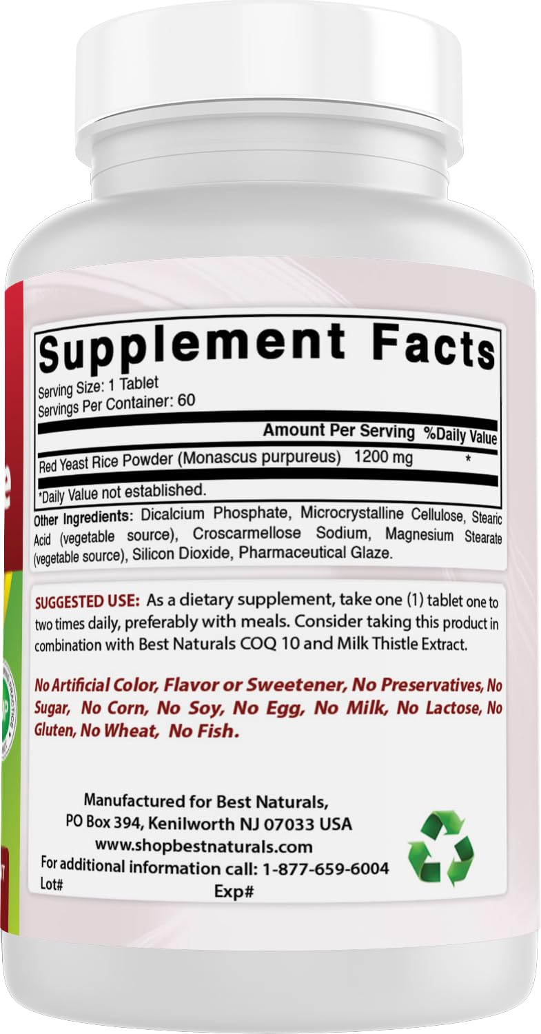 Best Naturals Arroz de Levadura Roja 1200mg frasco-capsulas libre de colorantes artificiales y alérgenos