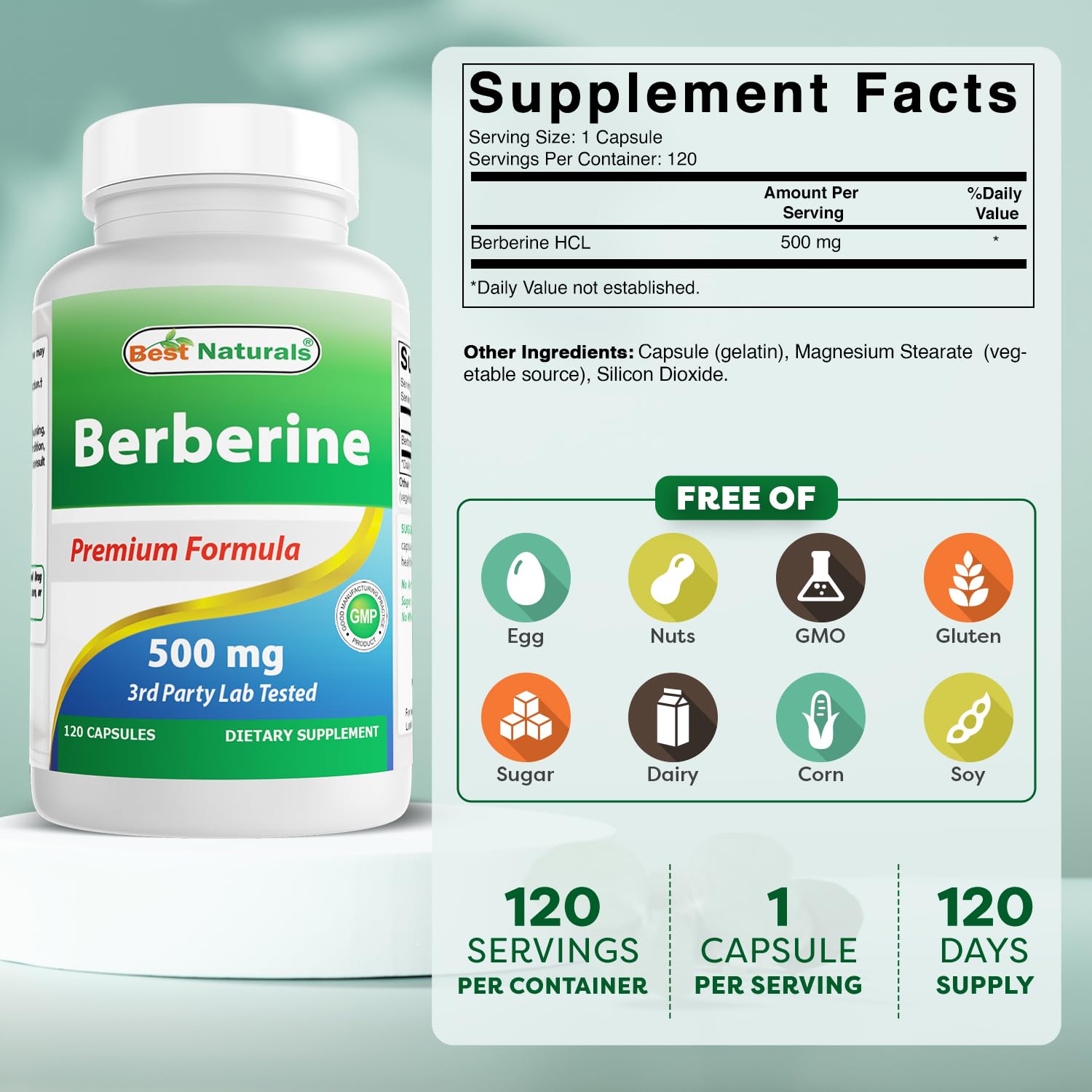 Best Naturals Berberina 500mg, cápsulas para uso diario y bienestar potencial.