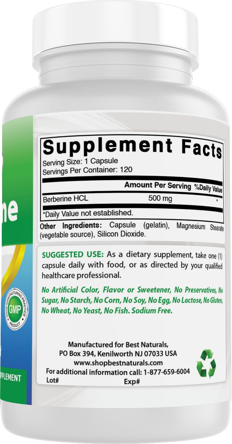Best Naturals Berberina 500mg, logotipo de la marca en la etiqueta.