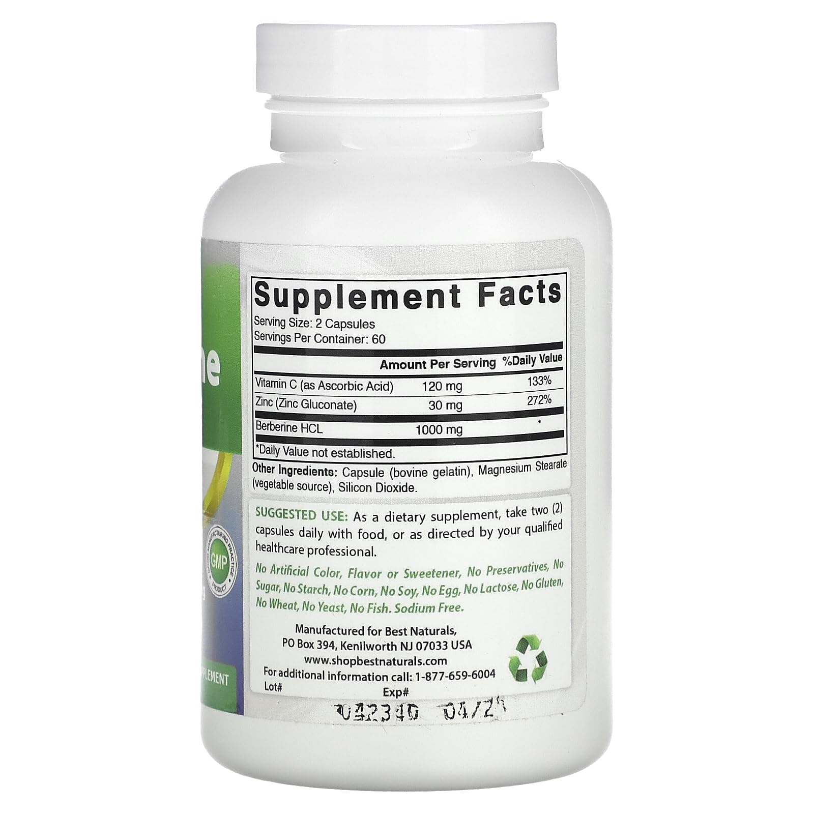 Best Naturals Berberina Plus, 120 cápsulas, libre de OGM y gluten para dieta equilibrada.