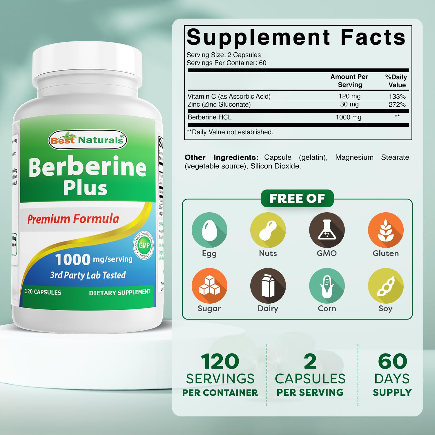 Best Naturals Berberine Plus cápsulas, dosis de 1000 mg por porción