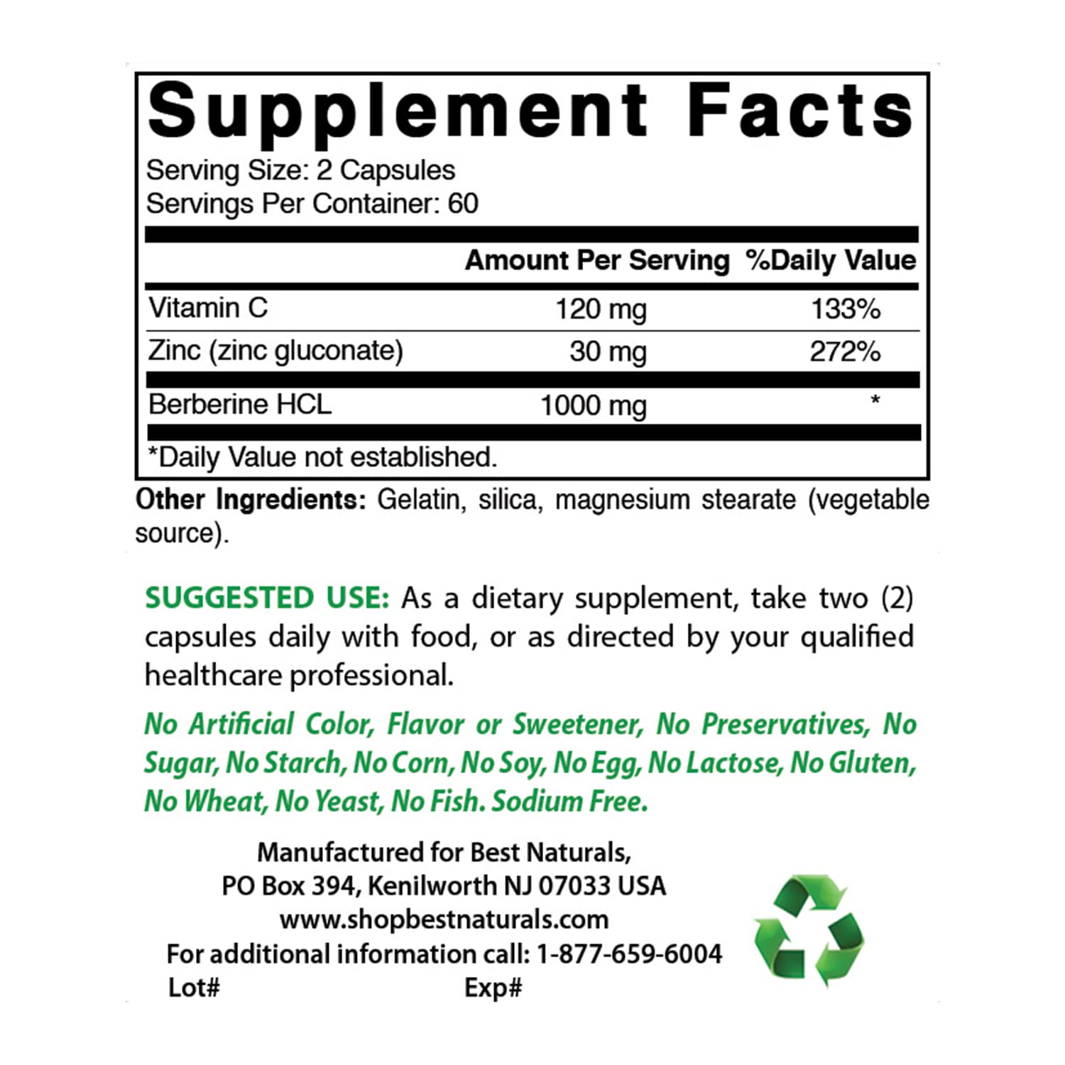 Etiqueta de Best Naturals Berberine Plus sin gluten para tranquilidad.