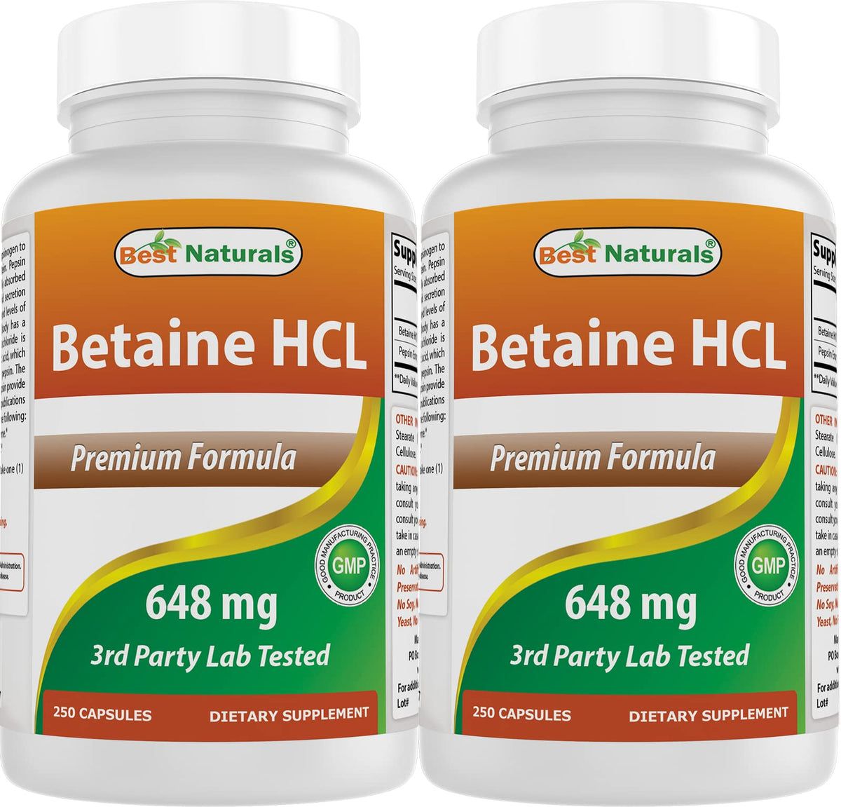 Best Naturals Betaine HCL: botella con cápsulas para apoyo digestivo