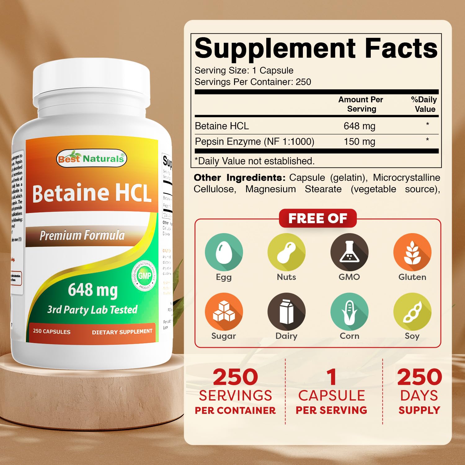 Best Naturals Betaine HCL: cápsulas visibles para uso diario