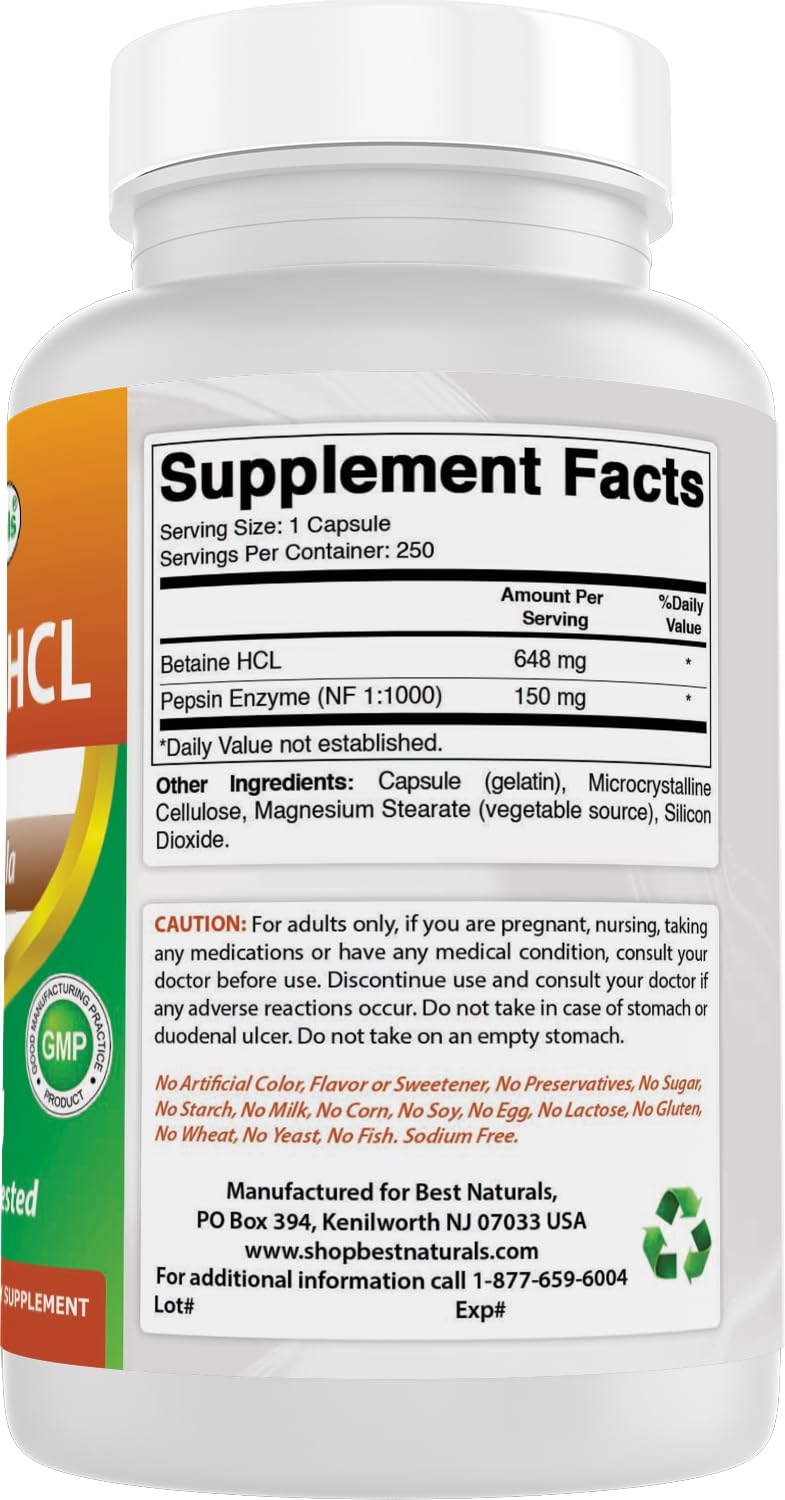Best Naturals Betaine HCL: ingredientes libres de GMO y gluten