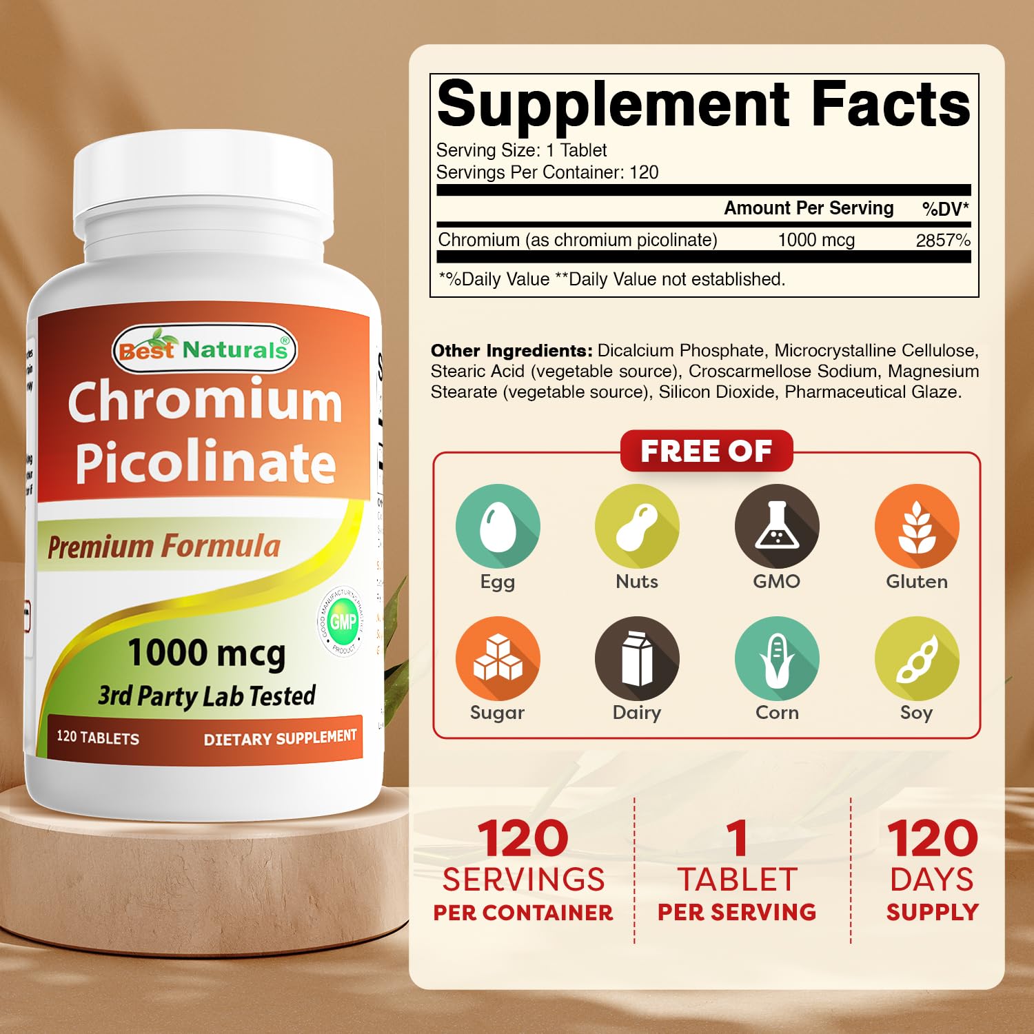 Botella Best Naturals cromio-picolinato con 120 tabletas.