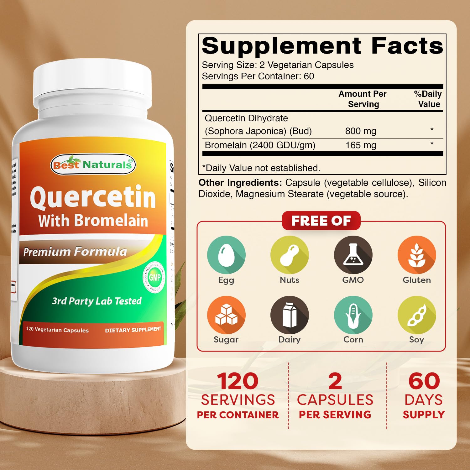 Botella de Best Naturals Quercetina con Bromelina, fácil de tragar