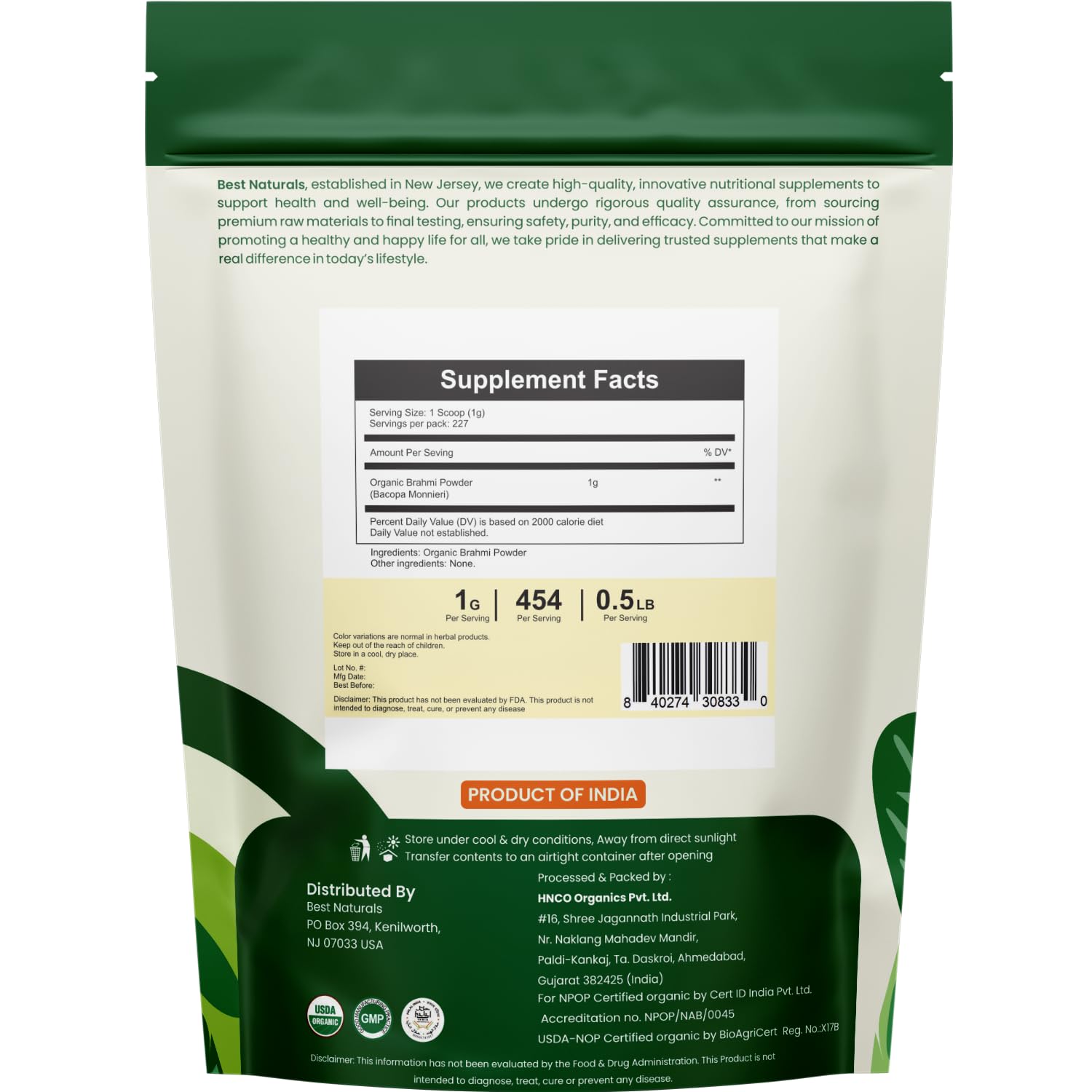 Best Naturals Brahmi polvo para mezclar; ideal en batidos y bebidas aromáticas