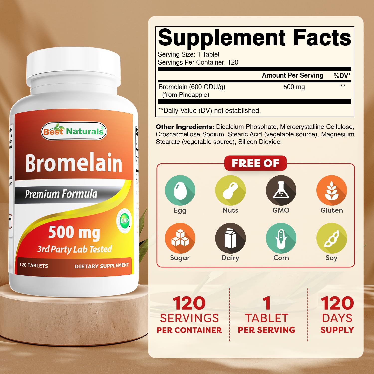 Bote de bromelina Best Naturals con 120 tabletas, conveniente para diario.