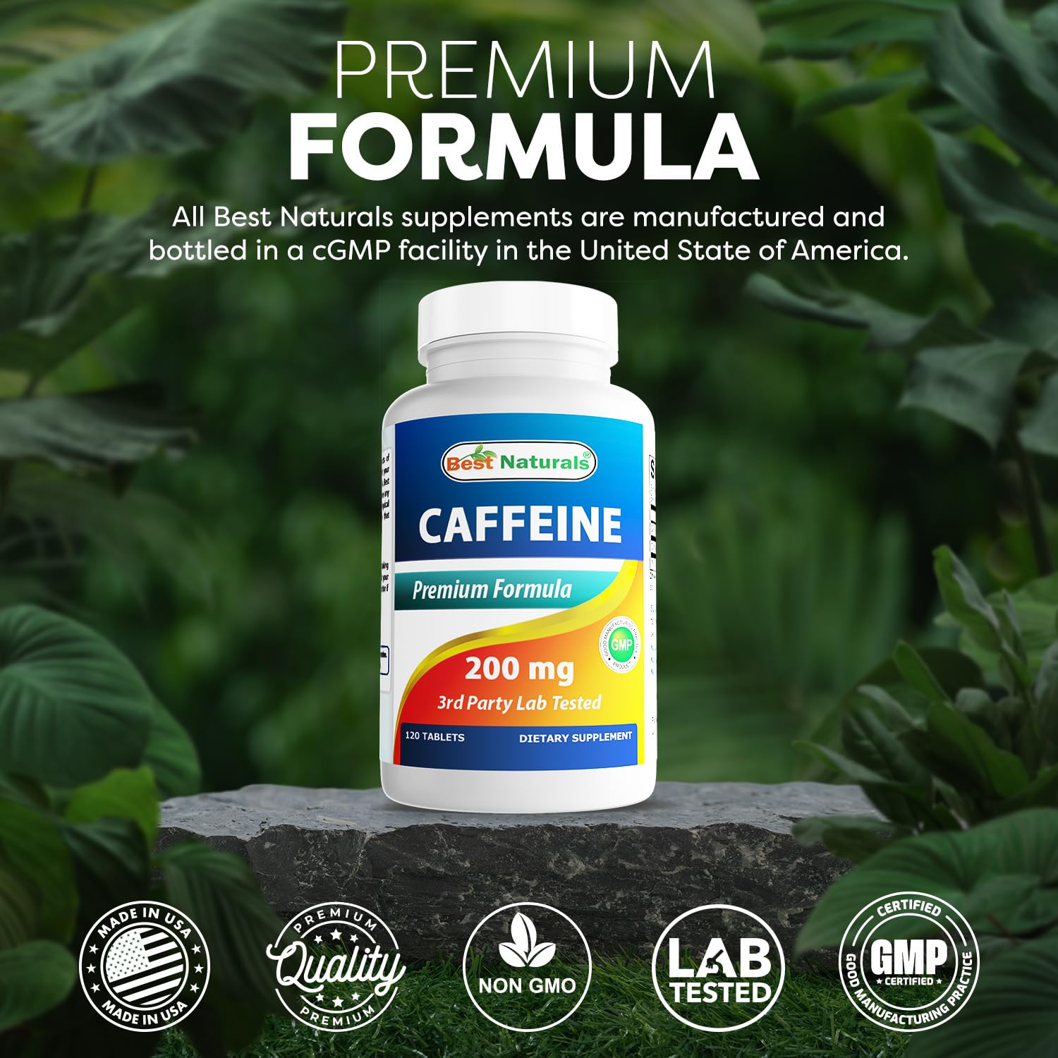 Best Naturals Caféina 200 mg detalle etiqueta, pureza visible para confianza