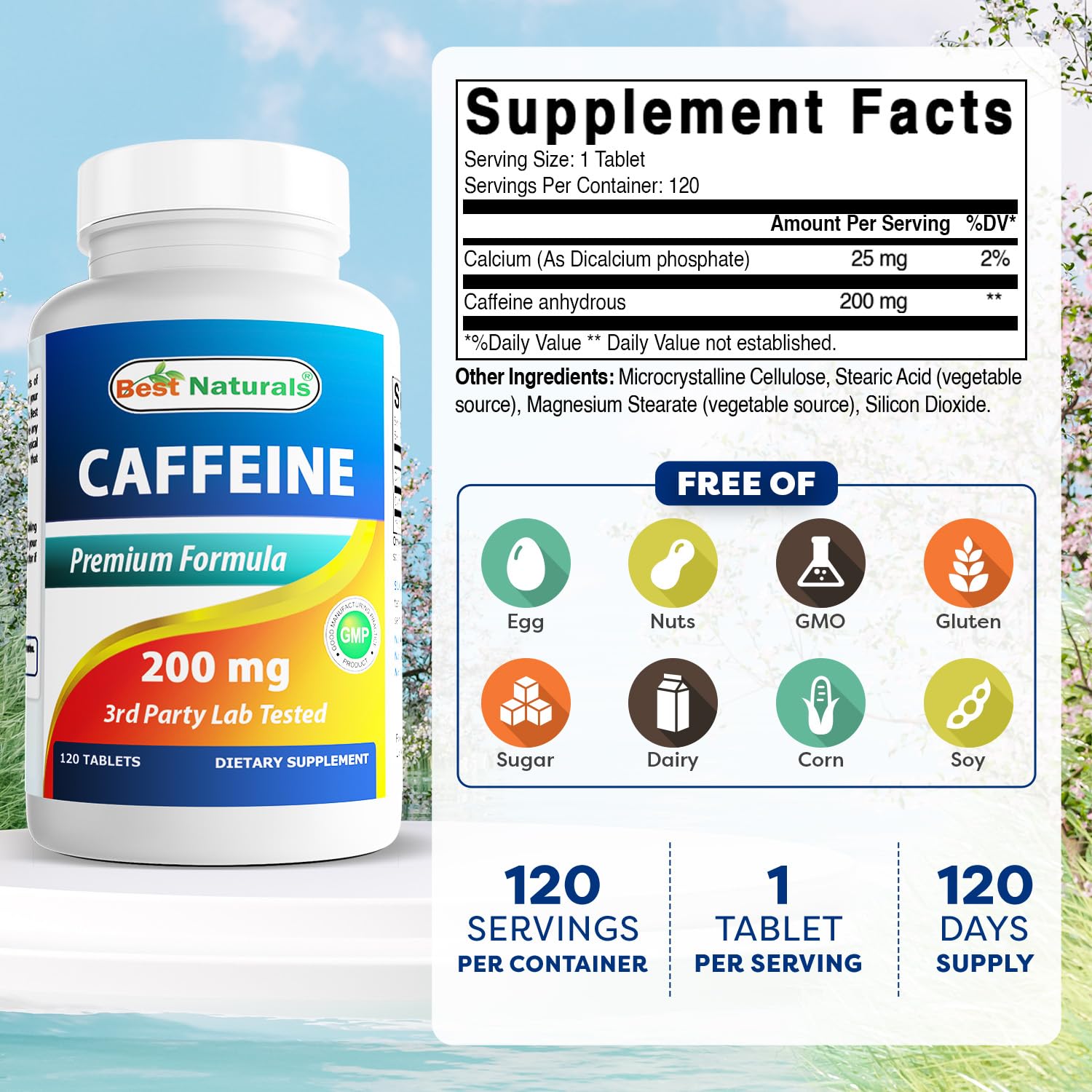 Best Naturals Caféina 200 mg etiqueta frontal, reconocimiento rápido de ingredientes