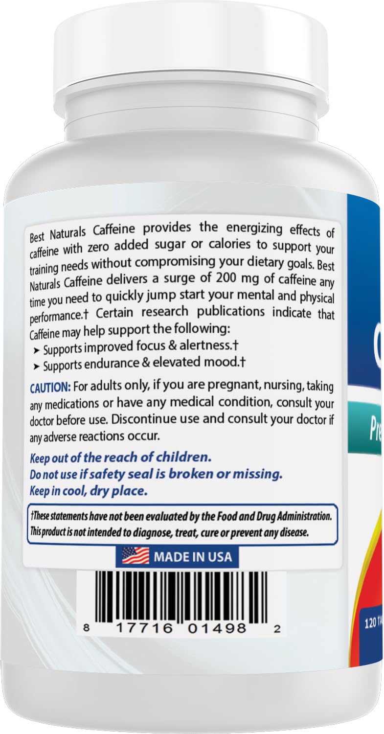 Best Naturals Caféina 200 mg rotulo frontal, guía rápida de uso