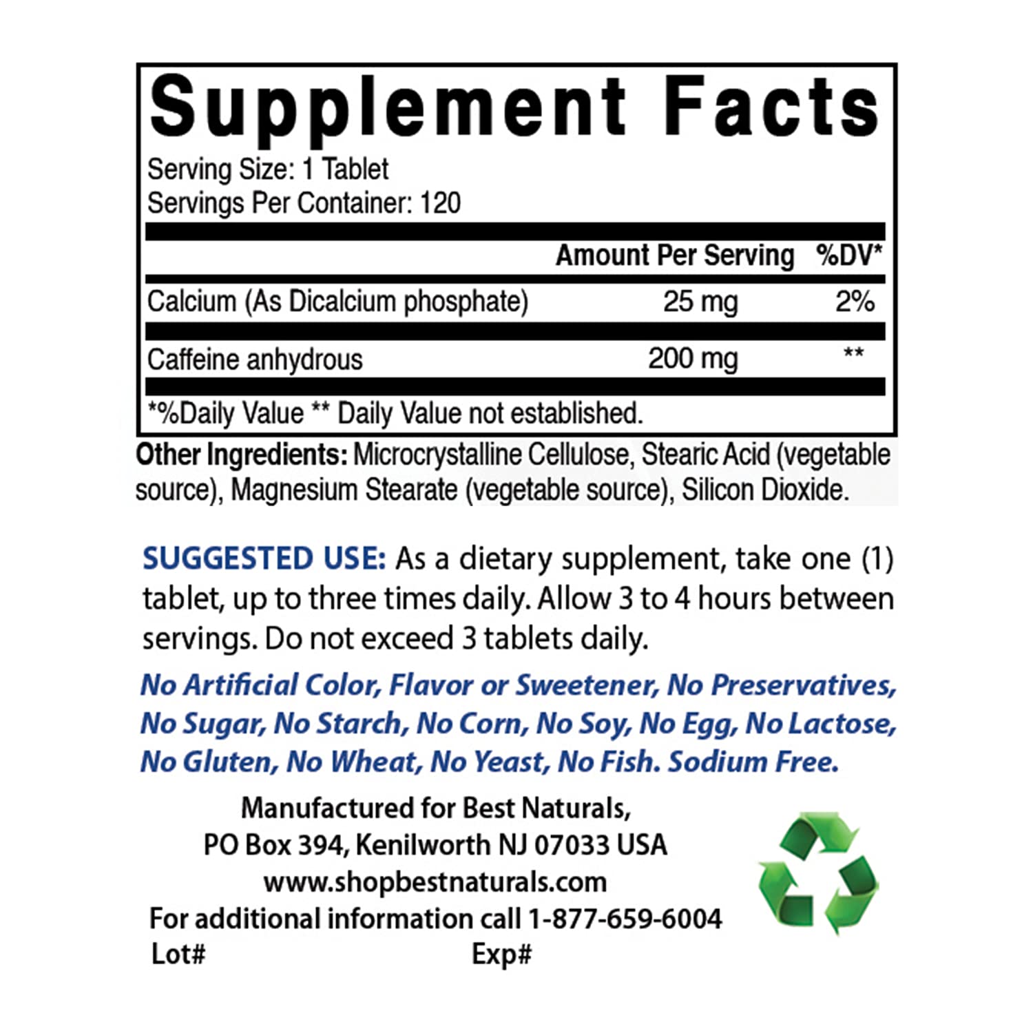 Best Naturals cafeína 200mg, etiqueta frontal legible para elegir