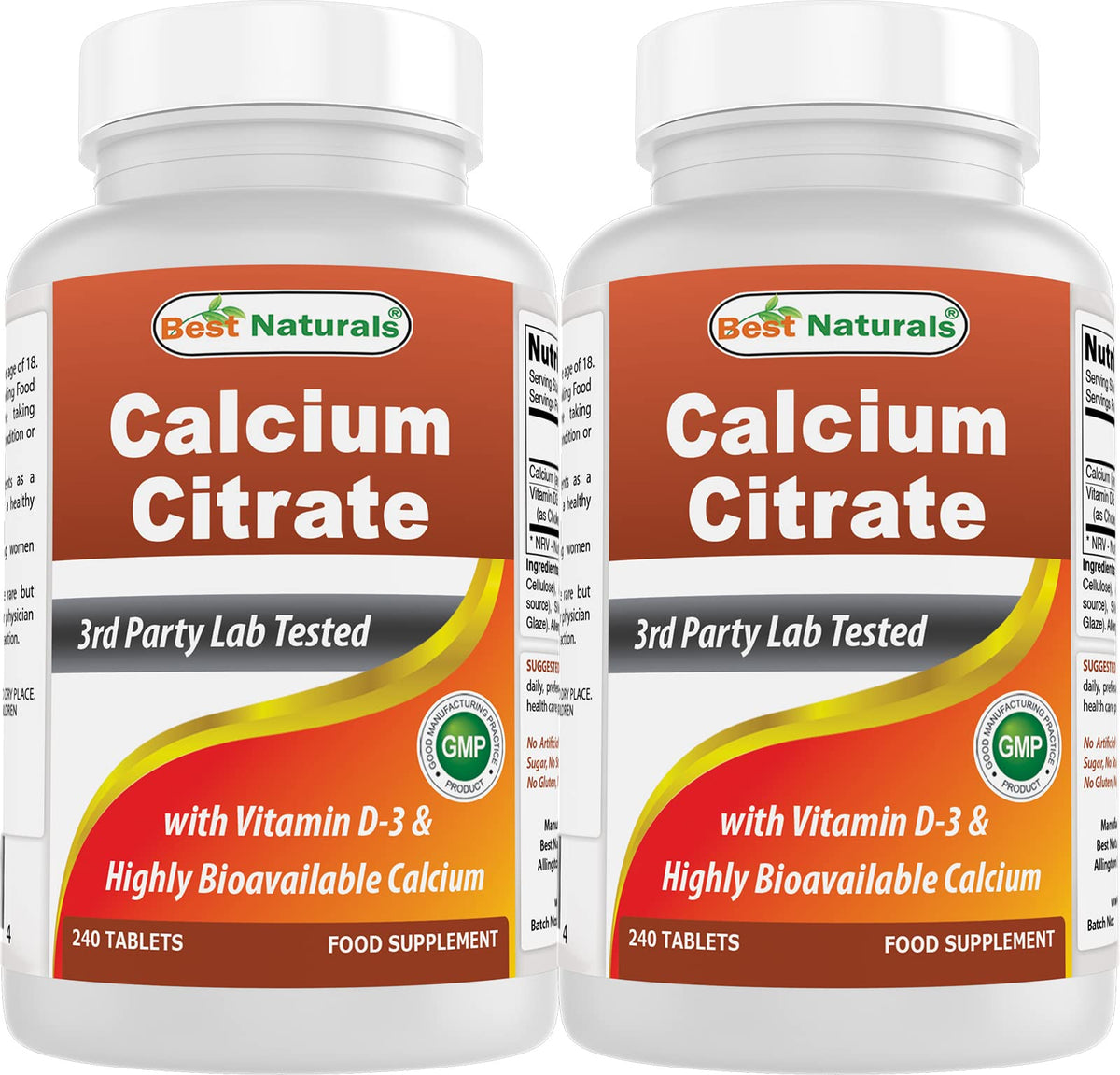 Best Naturals Calcium Citrate con Vitamina D-3, botella frontal, apoyo diario a la ingesta de calcio.