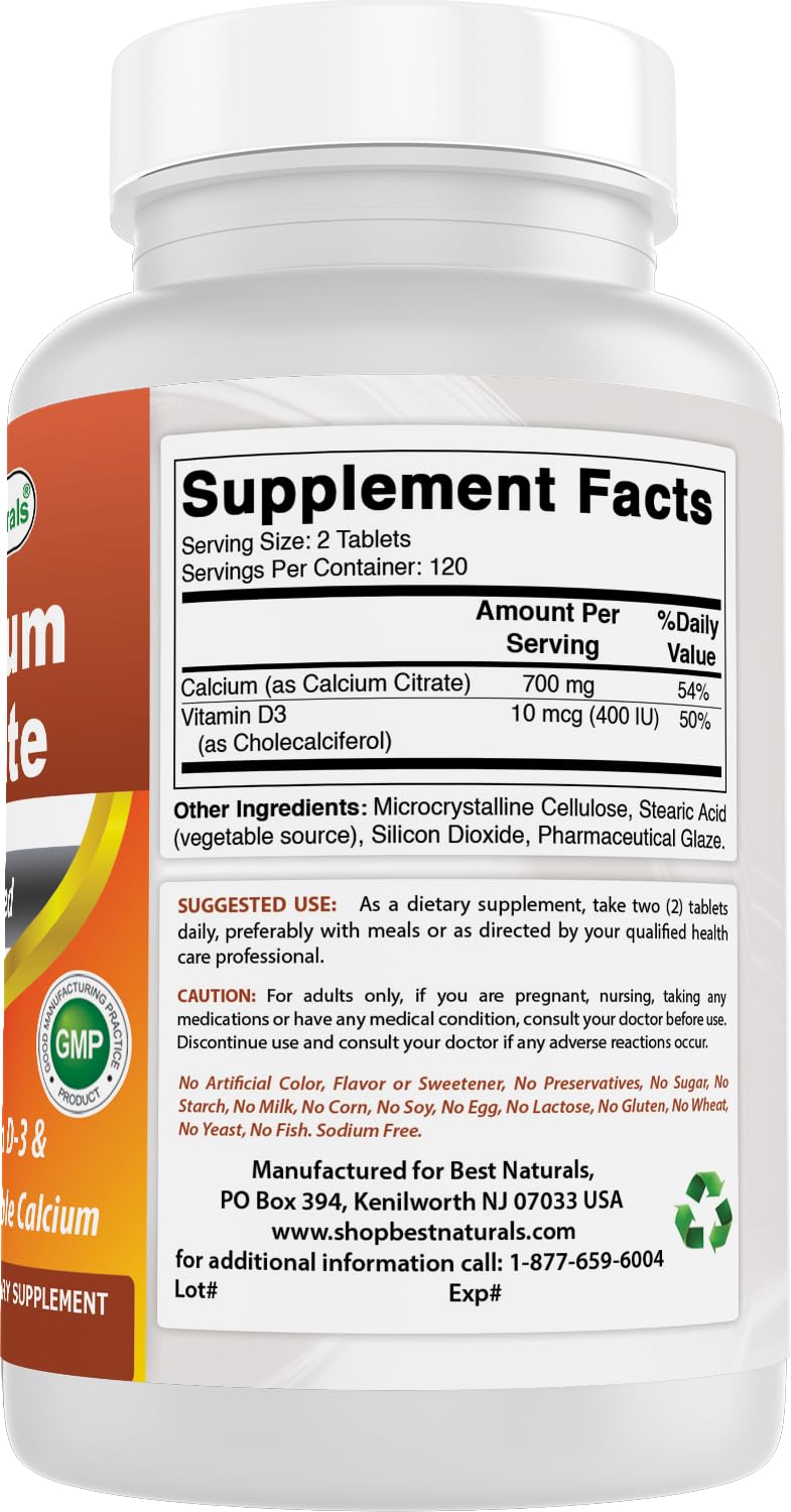 Best Naturals Calcium Citrate con Vitamina D-3, primer plano de dosis en cápsulas.