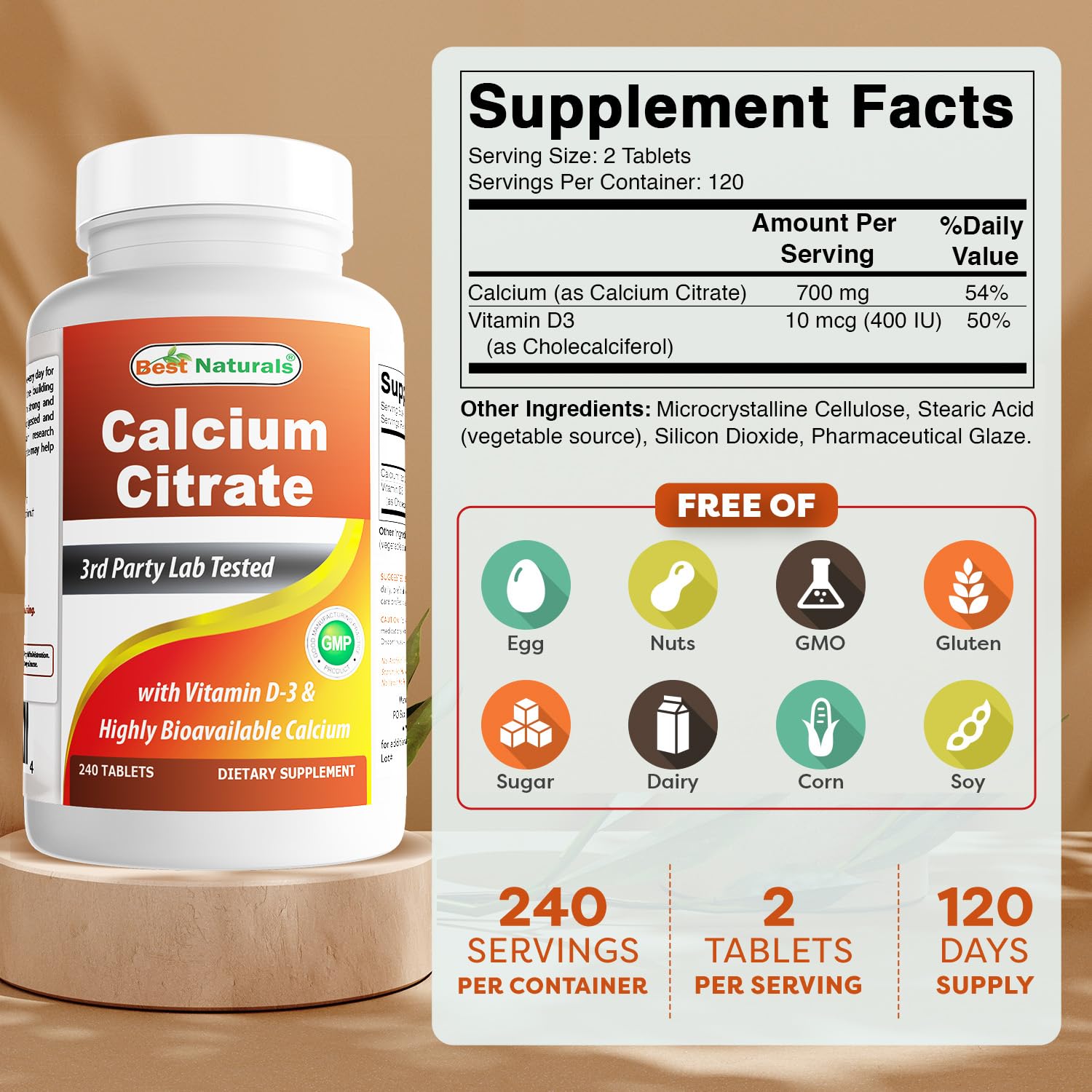 Best Naturals Calcium Citrate con Vitamina D-3, etiqueta clara con lista de ingredientes y beneficios.