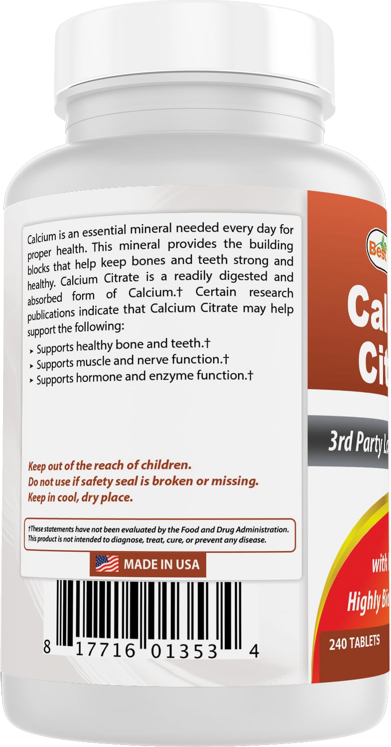 Best Naturals Calcium Citrate con Vitamina D-3, etiqueta que destaca ausencia de alérgenos