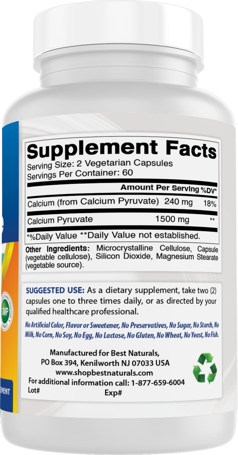Best Naturals Calcio Piruvato: etiqueta de ingredientes y valores visibles.